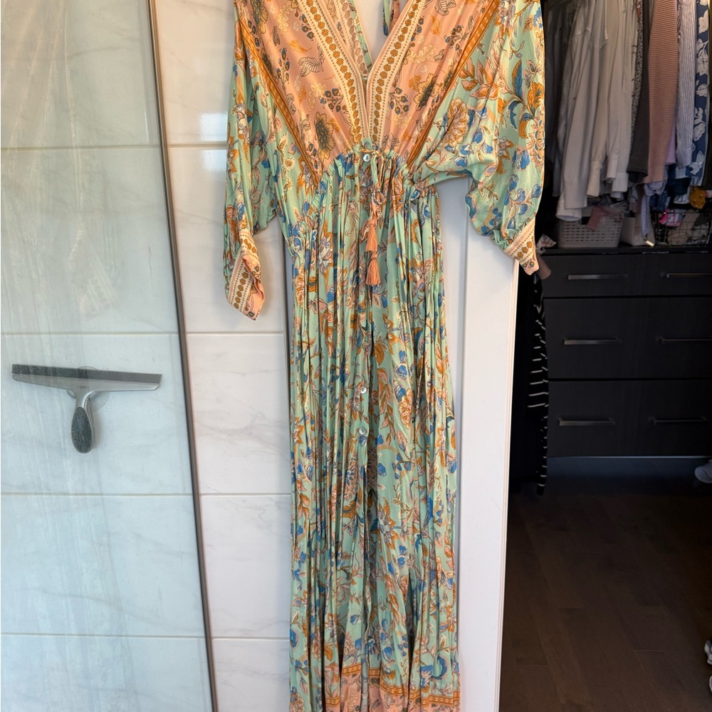 Aakaa Green and Orange Resort Wear Maxi Dress with Plunge Neckline